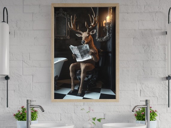 Majestic Stag Reading the Newspaper Sitting on the Toilet Poster