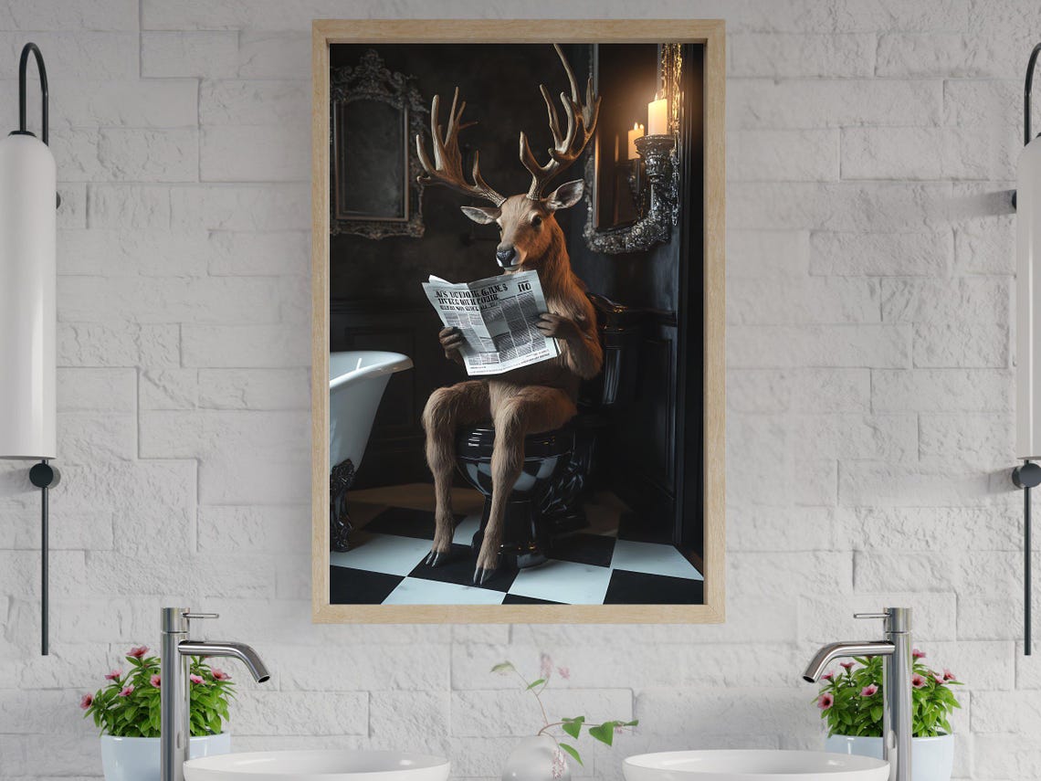 Majestic Stag Reading the Newspaper Sitting on the Toilet Poster