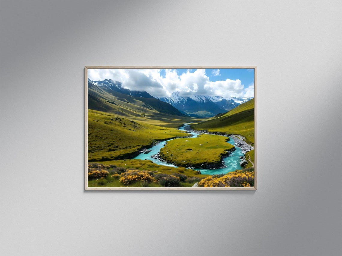 Turquoise River Winding Through a Golden Green Mountain Valley Poster