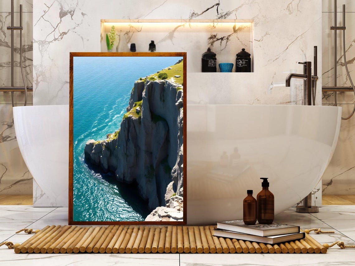 Dramatic Ocean Cliff Overlooking Turquoise Water Aerial Poster - Image 2