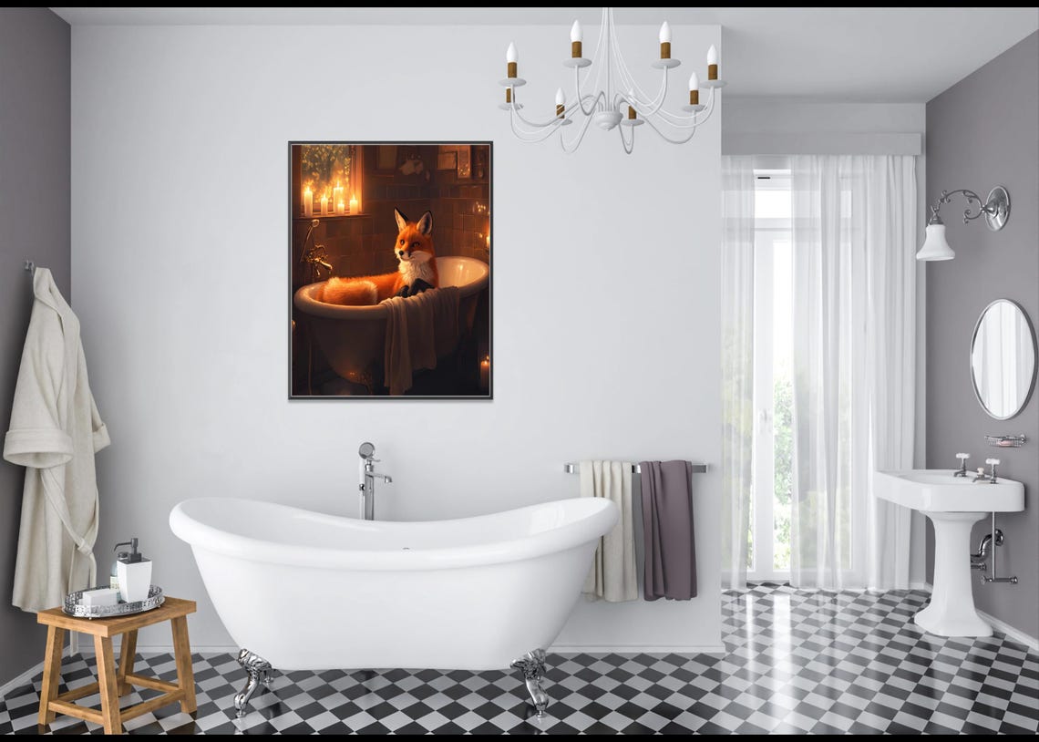 Fox Relaxing In Candlelit White Bathtub Dark Cozy Animal Poster - Image 3