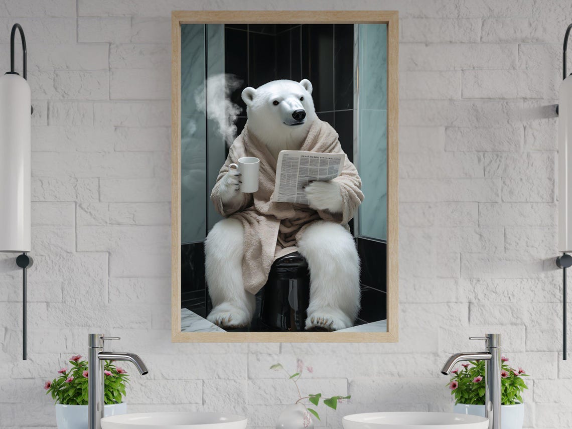 Polar Bear in Bathrobe Enjoying Coffee and the Morning Paper Poster