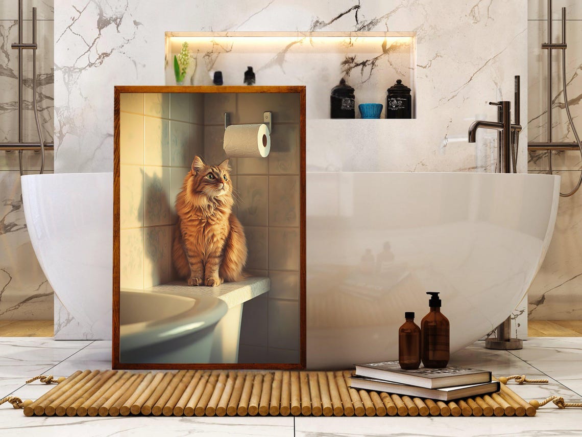Long Haired Ginger Cat Resting on Counter in a Sunlit Bathroom Poster - Image 5