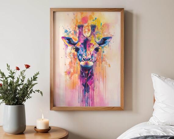 Colorful Geometric Watercolor Giraffe Head With Paint Drips Poster