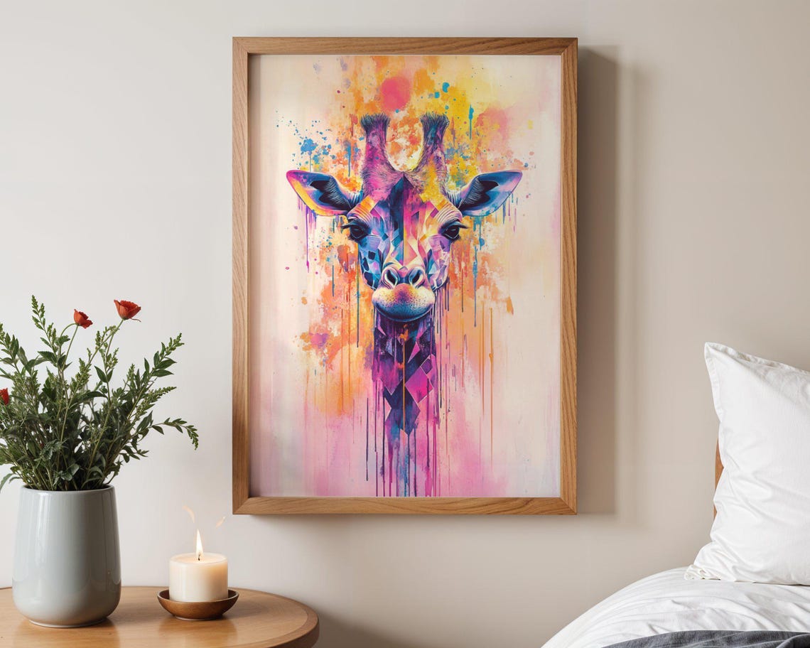 Colorful Geometric Watercolor Giraffe Head With Paint Drips Poster