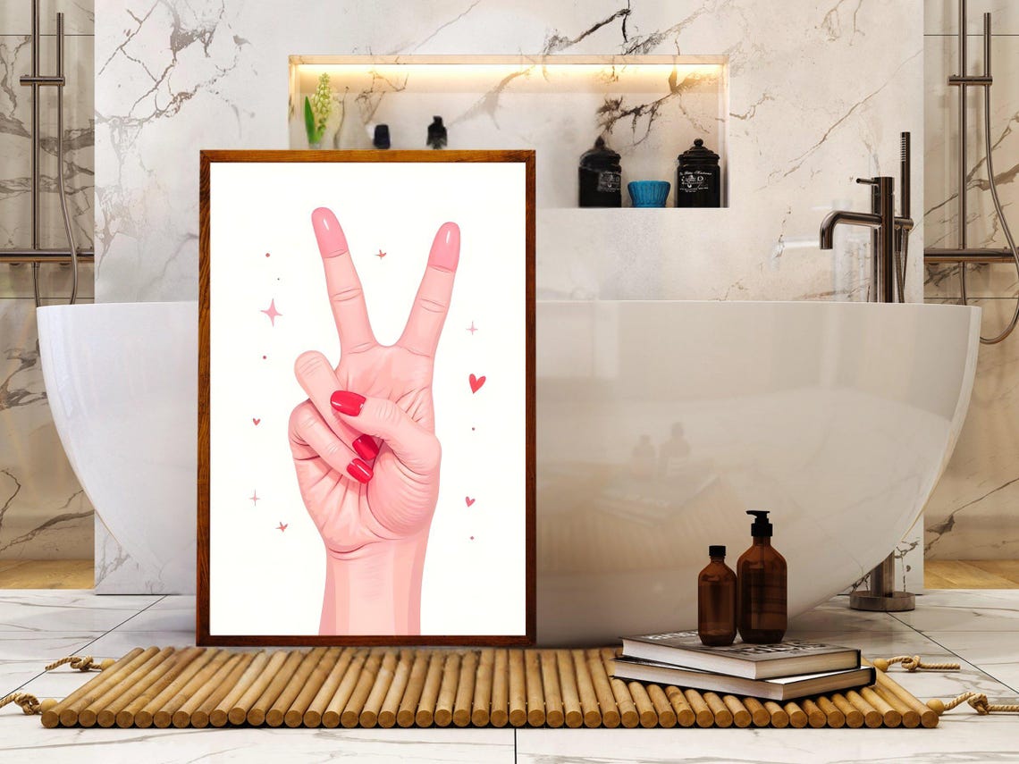 Pink Peace Sign Hand with Red Nails Cute Illustration Wall Art - Image 2