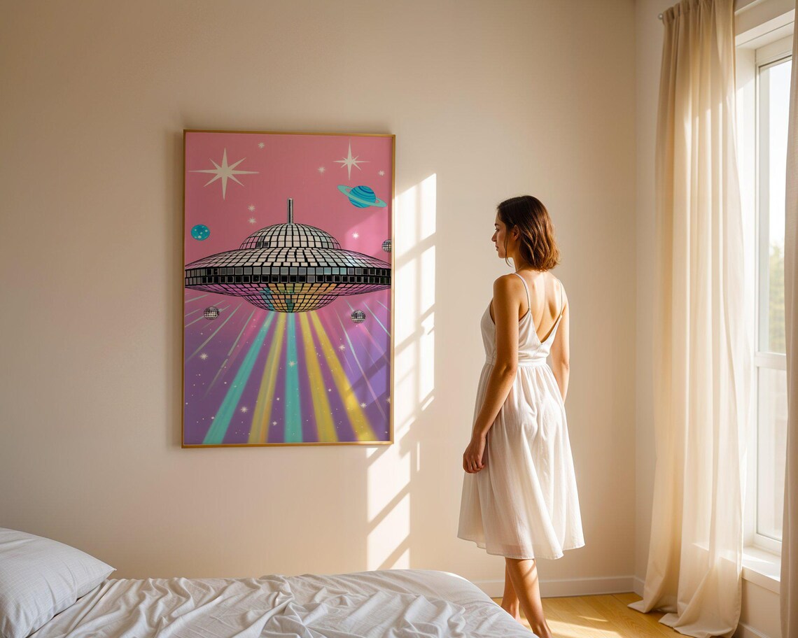 Retro Disco Ball UFO Over a Pink Sky With Rainbow Beams Sci-Fi Wall Poster - Image 3