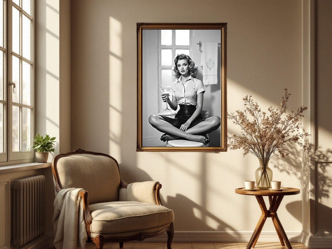 Retro Pin Up Woman With Martini Glass In Vintage Bathroom Poster - Image 5