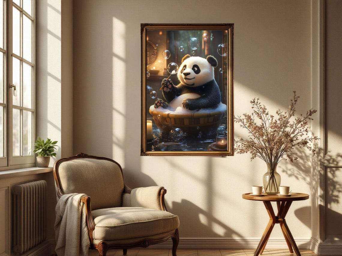 Cute Panda Blowing Bubbles in a Wooden Soaking Bathtub Poster - Image 4