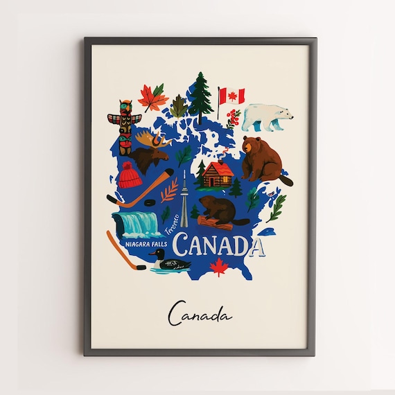 Canada Illustrated Map Travel Poster with Niagara Falls and Moose