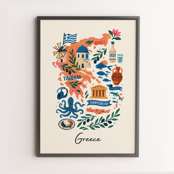 Greece Print Wall Art Poster Country Illustration Relaxed Decor Unique Artwork Only