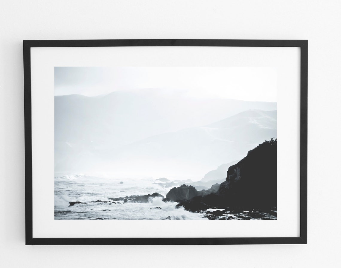 Black White Ocean Waves Rocky Coast Misty Sea Photography Poster - Image 4