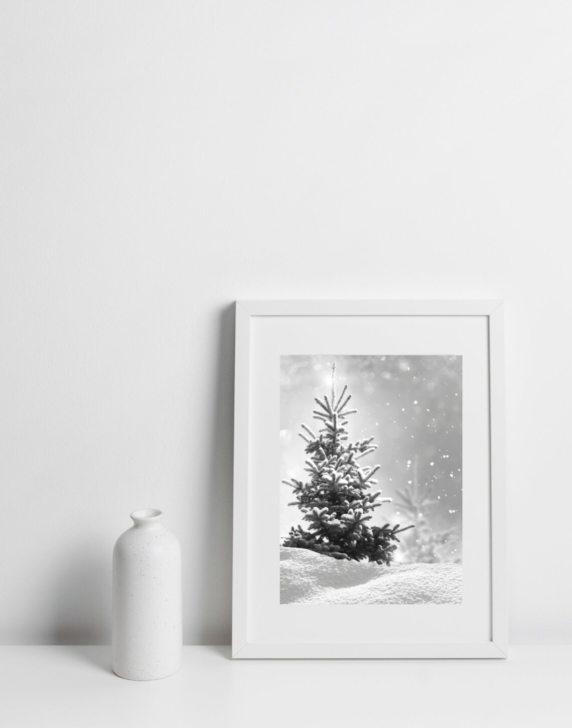 Snowy Evergreen Tree Black White Winter Christmas Photography Poster - Image 2