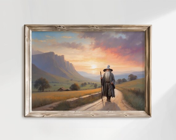 Gandalf the Grey Wizard Country Road Sunset Oil Painting Poster