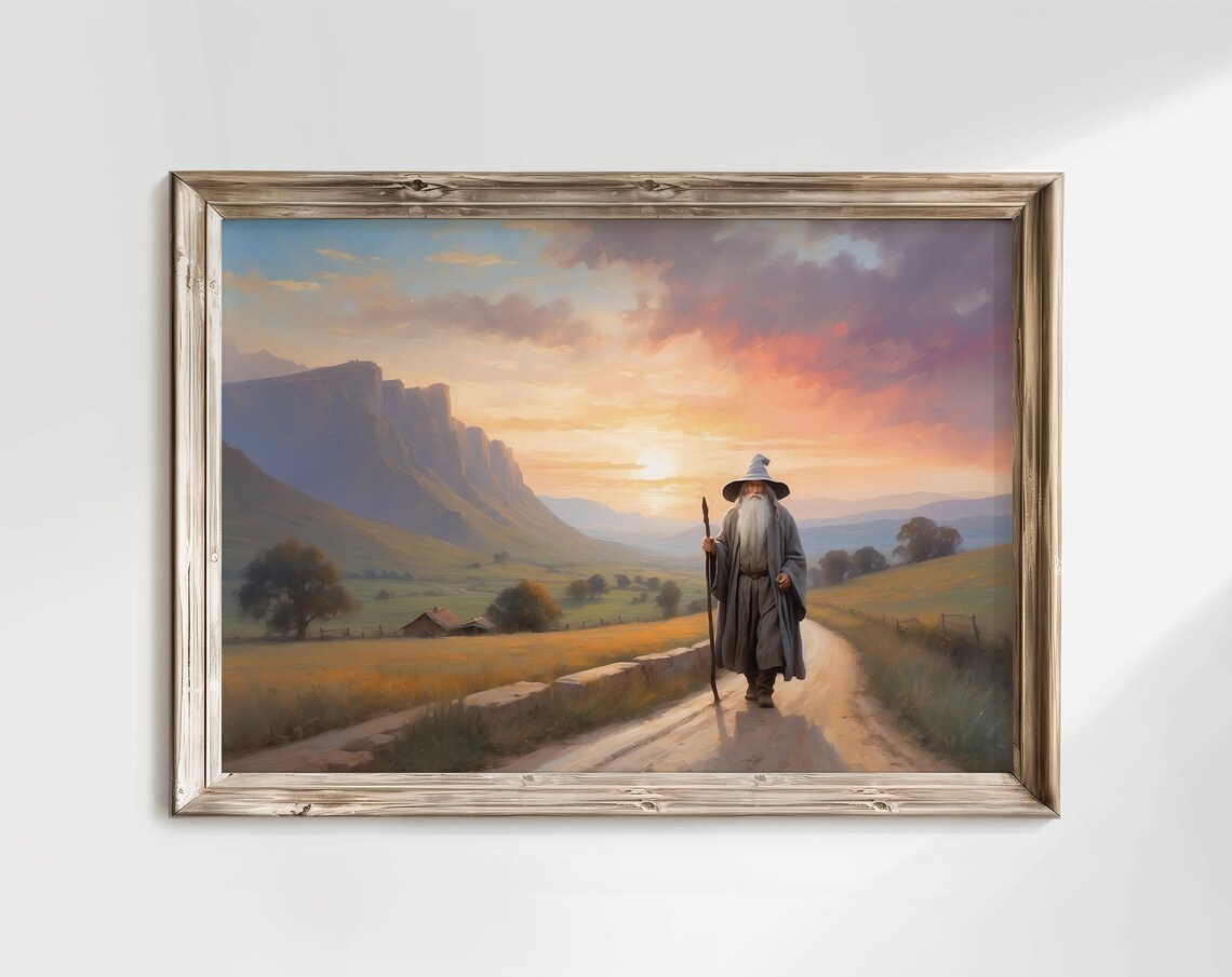 Gandalf the Grey Wizard Country Road Sunset Oil Painting Poster