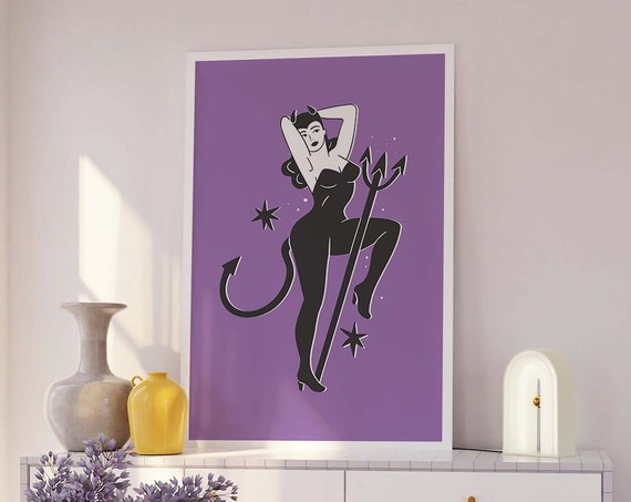 Devil Pinup Print Art Cute Purple Halloween Wall Decor Trendy Halloween Wall Art Spooky Season Poster