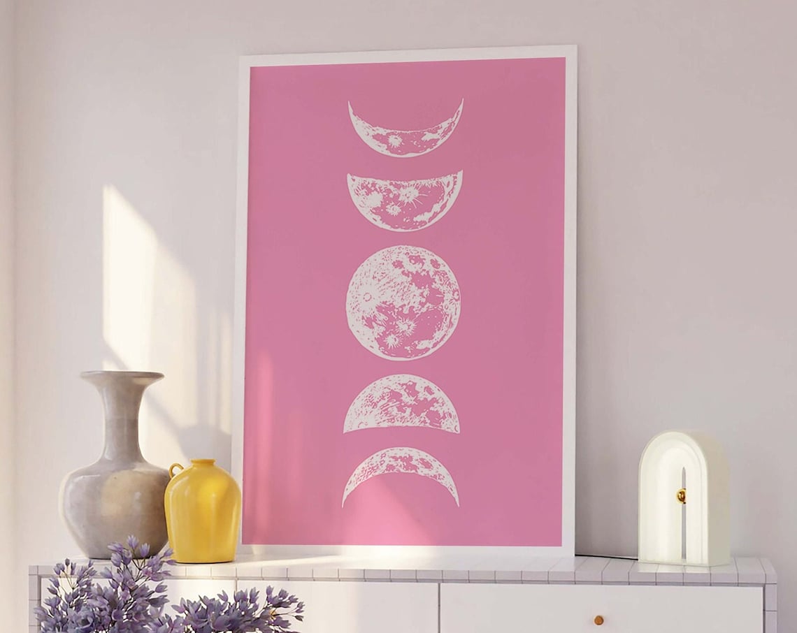 Moon Phases Column Pink Background Vintage Astronomy Art Poster