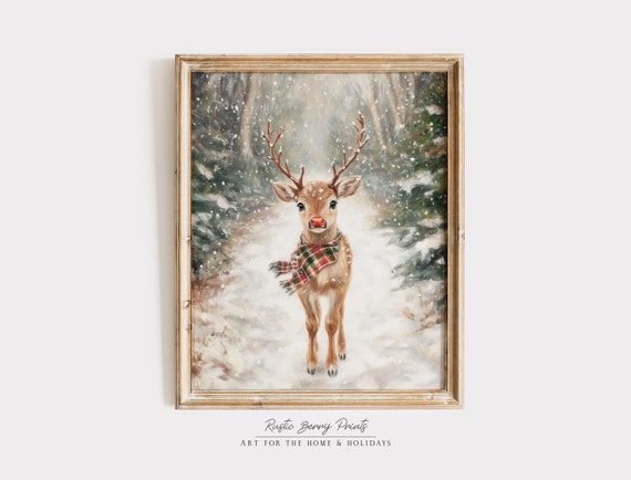 Cute Red Nose Reindeer With Scarf Art Print Vintage Winter Wall Art Christmas Holiday Decor