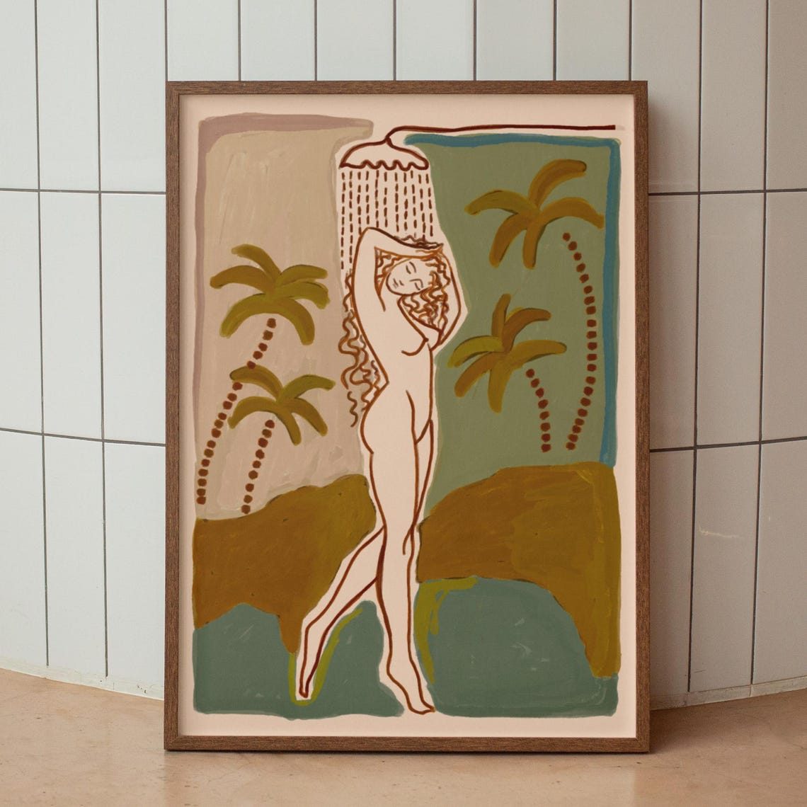 Tropical Palm Tree Shower Woman Minimalist Chic Boho Wall Poster
