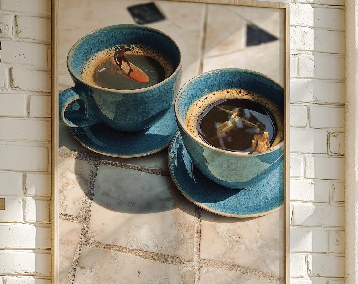 Tiny Surfers Swimming In Blue Coffee Cups Surreal Art Poster - Image 2