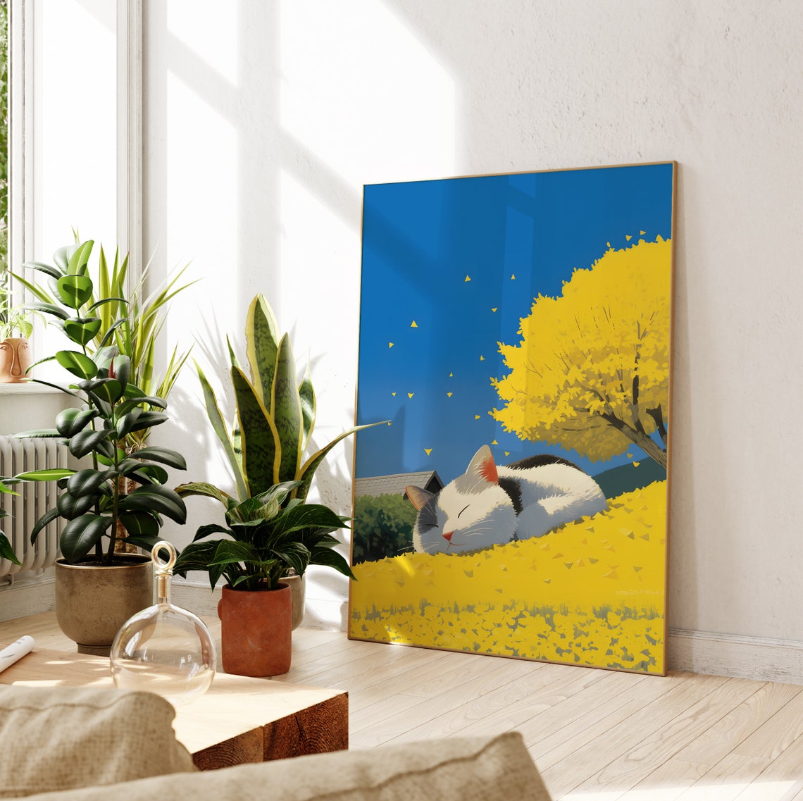 Sleeping Cat Napping in Golden Autumn Ginkgo Leaves Art Poster - Image 2