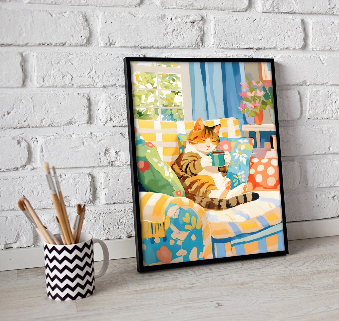 Sleepy Brown Tabby Cat with Green Mug on a Striped Chair Poster - Image 3