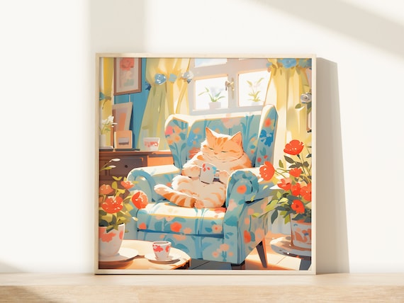 Ginger Cat Napping with Tea in a Blue Armchair Cozy Art Poster