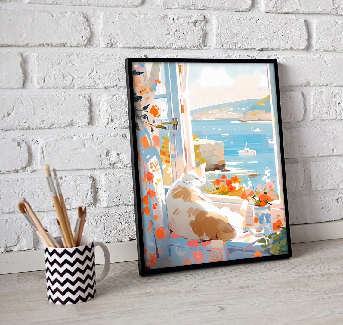 Cute Cat Print, Greece Seaside Cat Wall Art - Image 3