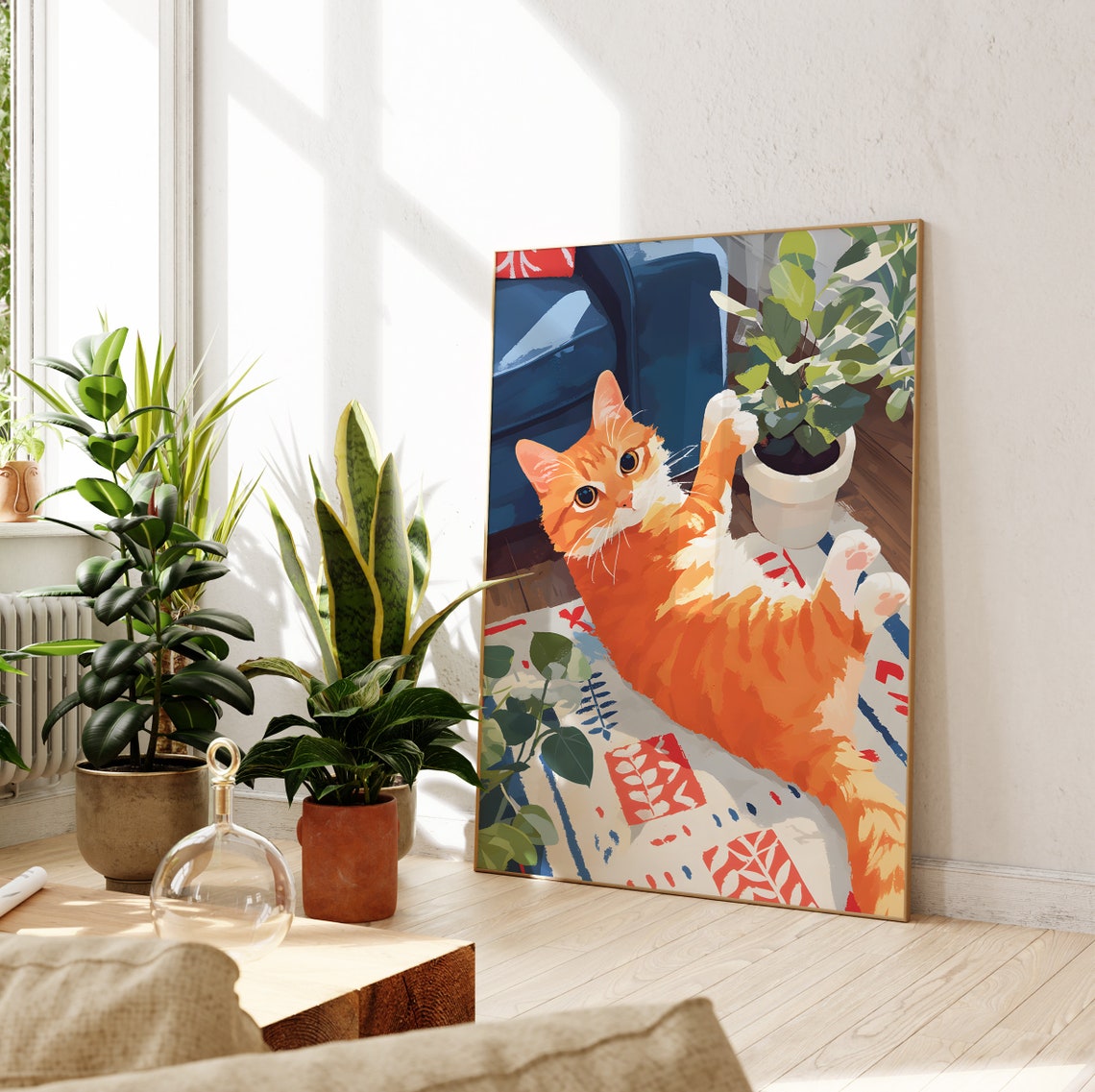 Playful Ginger Cat Lying on Its Back on a Colorful Rug Poster - Image 2