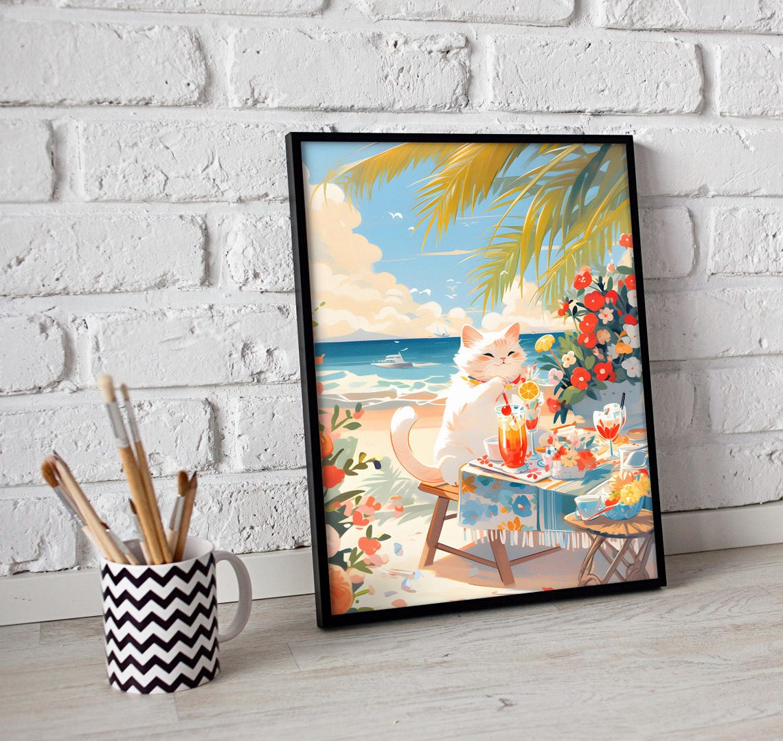 White Cat Enjoying Cocktails at a Tropical Beach Picnic Poster - Image 2