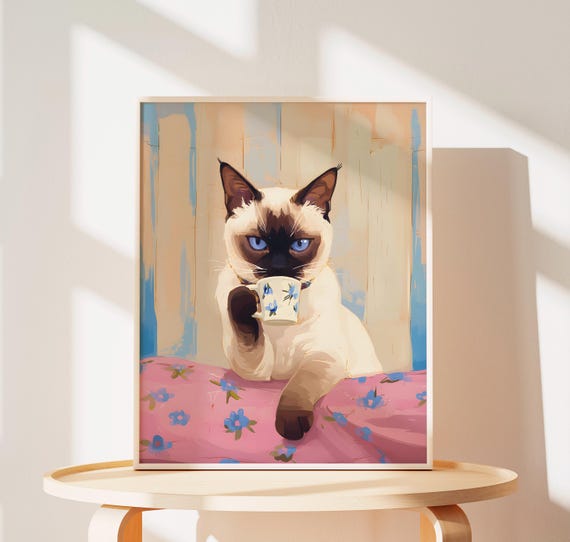 Fun Siamese Cat Poster, Coffee Cat Wall Art Print