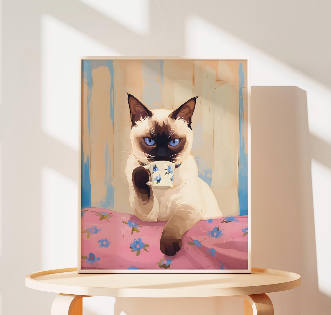 Fun Siamese Cat Poster, Coffee Cat Wall Art Print