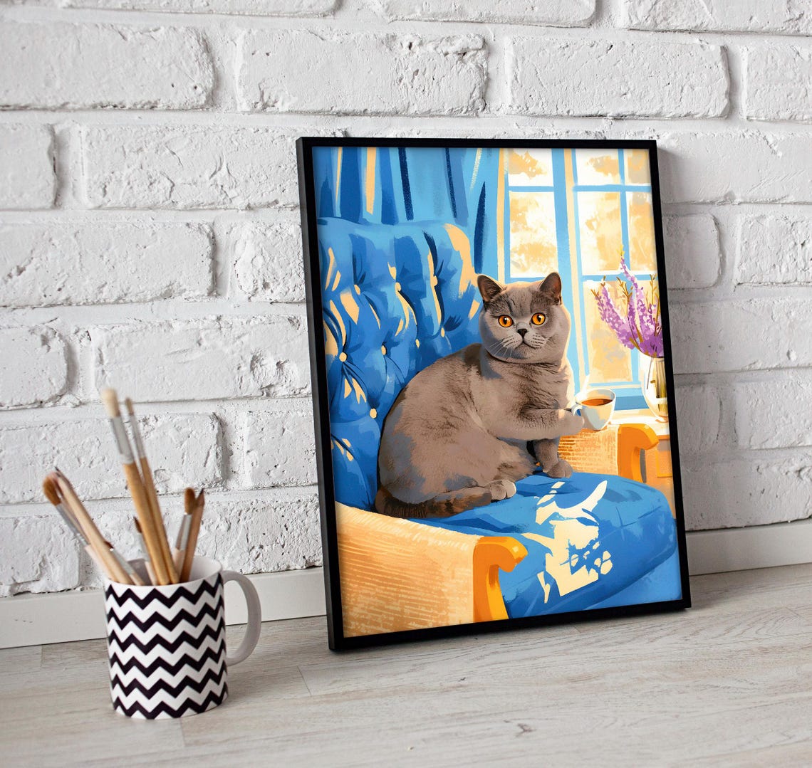 British Shorthair Cat with Teacup on a Blue Tufted Sofa Poster - Image 2