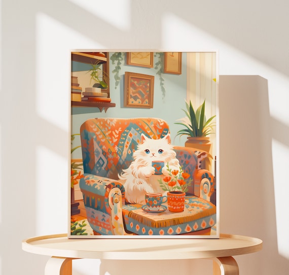 Cute Longhair Cat Print, Coffee Cat Gift