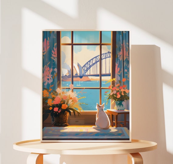 Sydney Opera House Cat Art Print, Australia Love