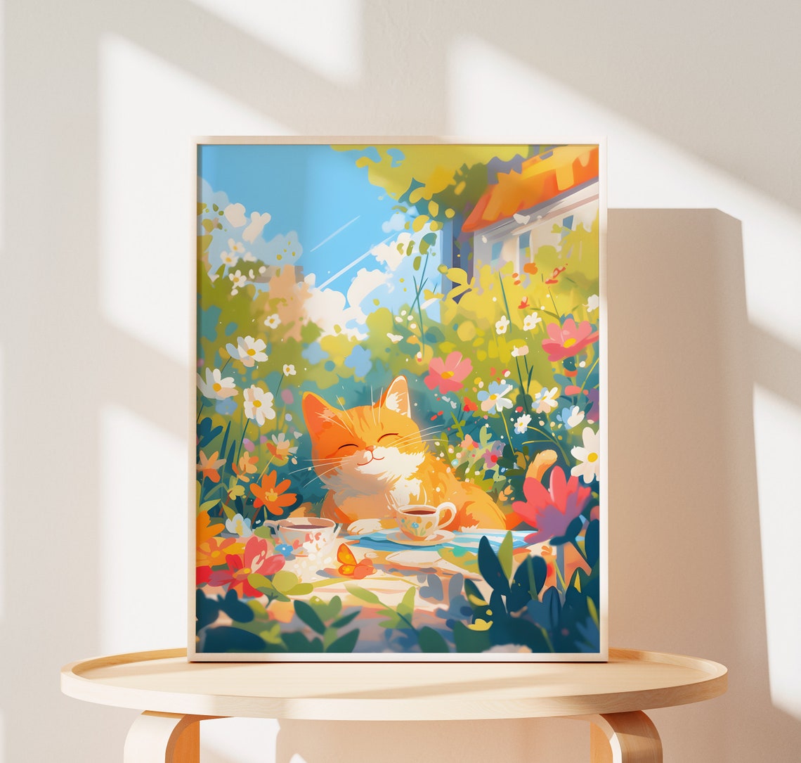 Ginger Cat Enjoying Tea Among Colorful Flowers in a Garden Poster