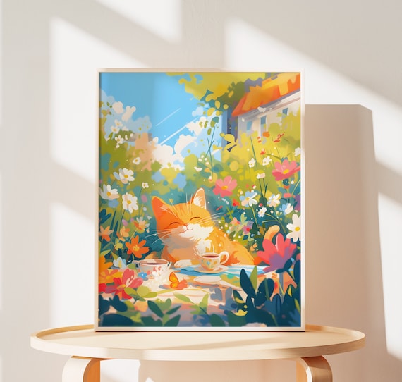 Ginger Cat Enjoying Tea Among Colorful Flowers in a Garden Poster