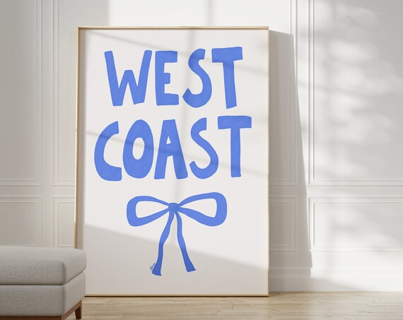 West Coast Blue Typography And Bow Print Coastal Beach House Decor
