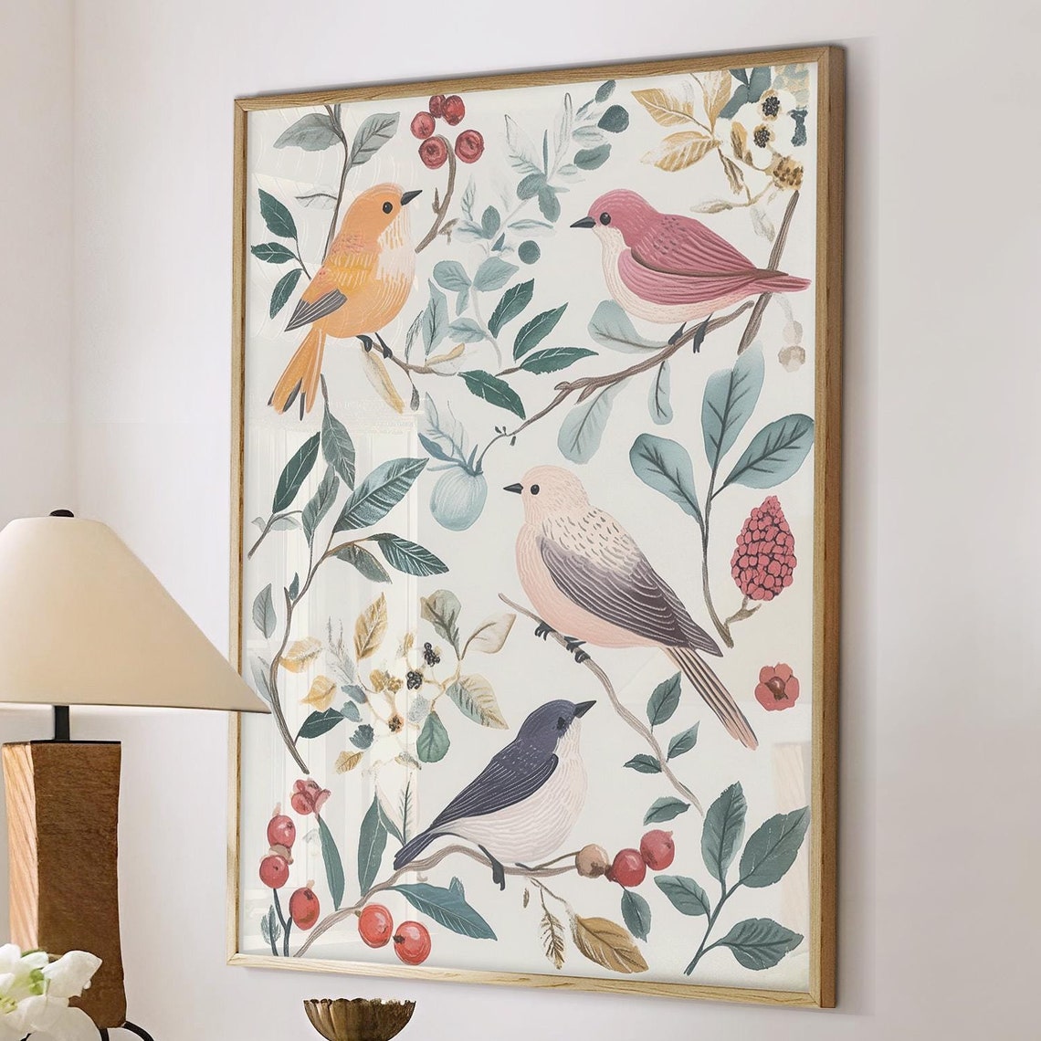 Songbirds And Berries Botanical Illustration Light Style Poster