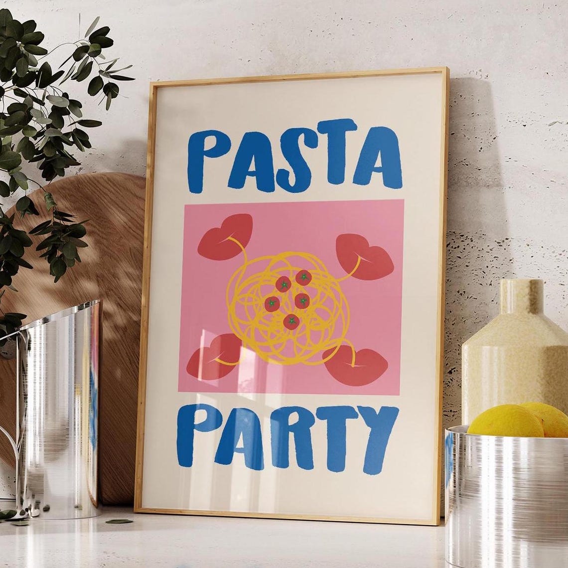 Fun Pasta Party Retro Kitchen Blue Pink Spaghetti Dinner Poster - Image 4