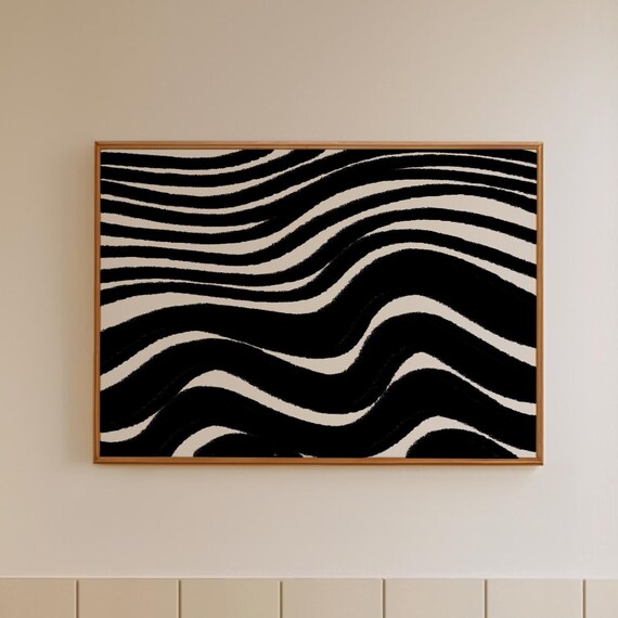 Wavy Stripe Line Print Retro Blackwhite Abstract Wall Art Organic Drawing Vintage