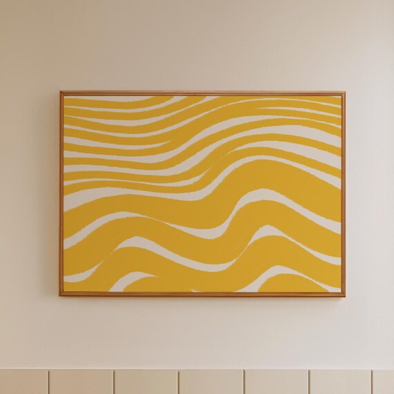 Wavy Yellow Stripe Print Modern Handdrawn Abstract Line Wall Art Organic Drawing