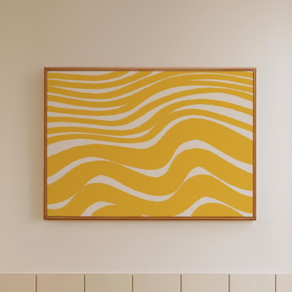 Wavy Yellow Stripe Print Modern Handdrawn Abstract Line Wall Art Organic Drawing
