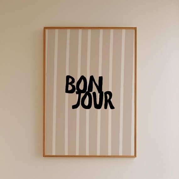 Bonjour French Typography Print Black Lettering Beige Stripes Handdrawn Wall Art Abstract Line Drawing
