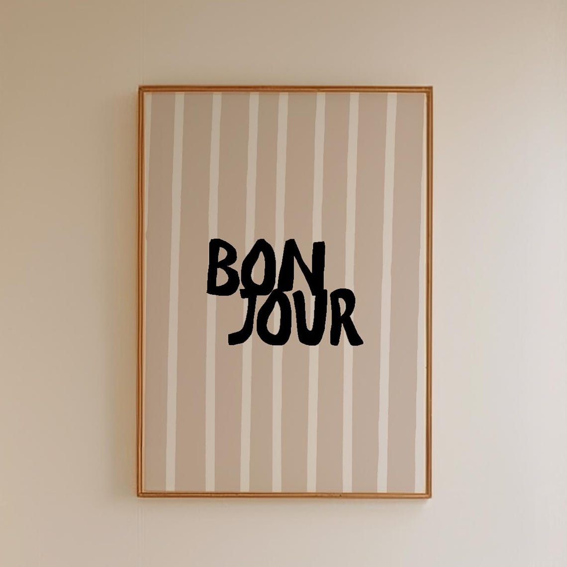 Bonjour Black Lettering Beige Striped French Chic Typography Poster