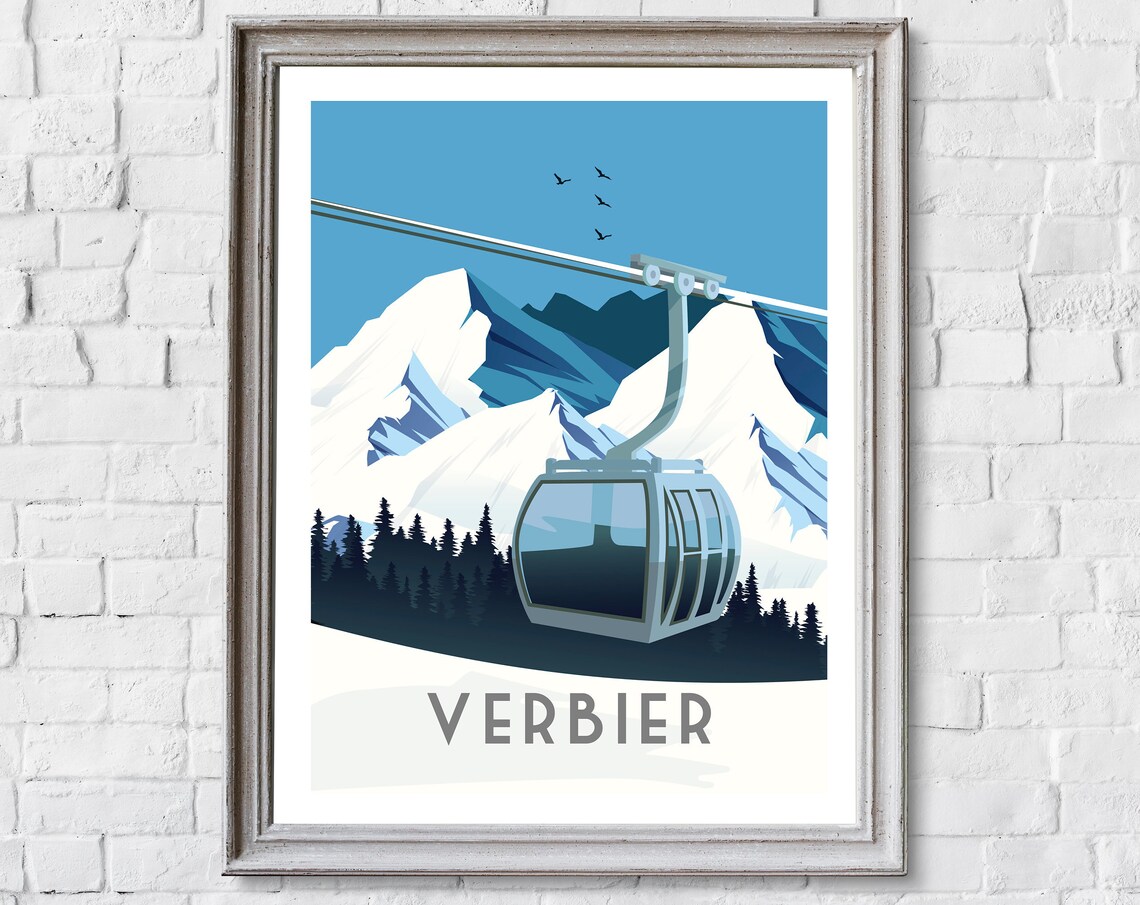 Verbier Retro Ski Gondola Alpine Snow Mountain Travel Art Poster - Image 2
