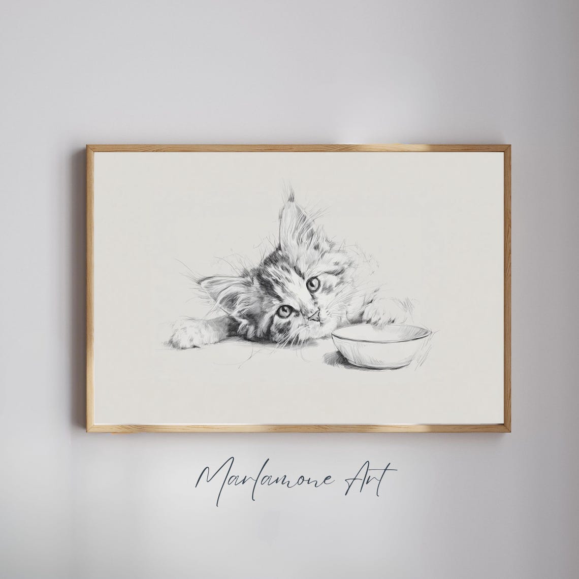 Sad Hungry Kitten Sketch Cute Fluffy Cat Empty Bowl Art Poster