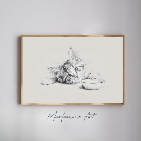 Sad Hungry Kitten Sketch Cute Fluffy Cat Empty Bowl Art Poster