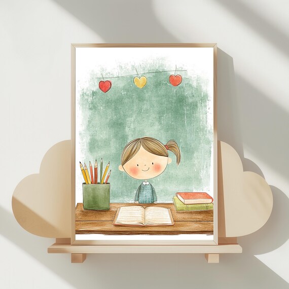 Sweet Girl Studying at Her Desk Whimsical Schoolroom Fine Art Poster