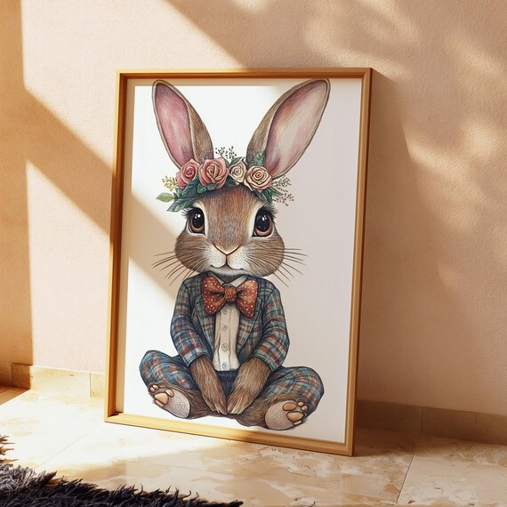 Dapper Bunny in Plaid Suit Flower Crown Cute Nursery Fine Art Poster